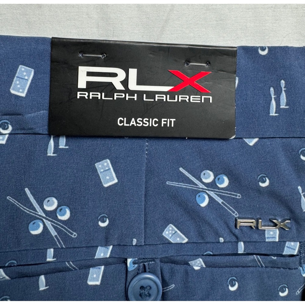 RLX Ralph Lauren Mens Golf Shorts Blue Pool Billiards Dominoes Print Size 34 NEW - Picture 2 of 16